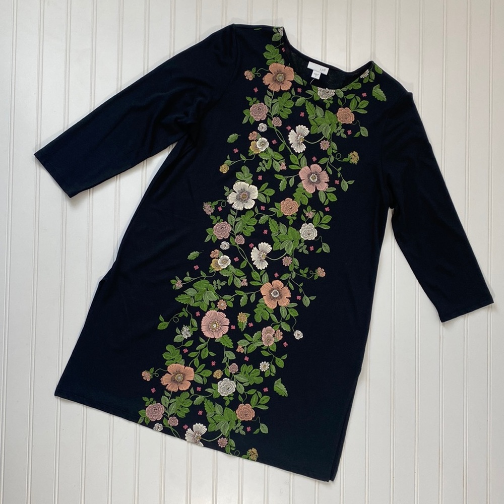 NWT J. Jill Floral Tunic Top, Size Medium, Black